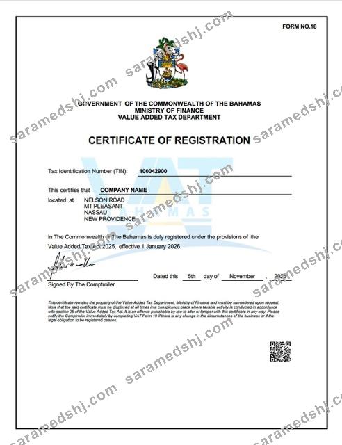 Bahamas VAT registration certificate Word and PDF template